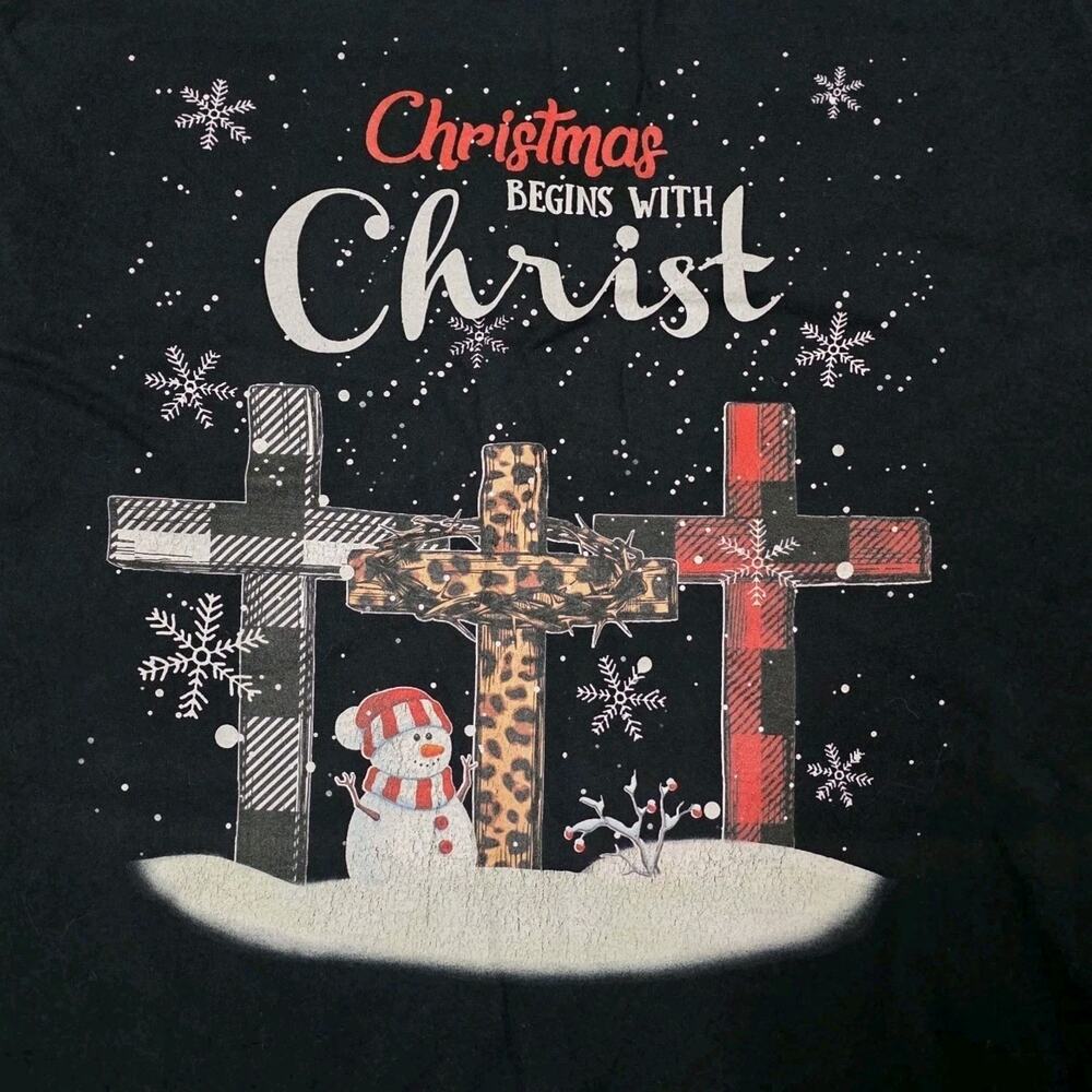Christmas Begins With Christ Snowman Christian Cross T-Shirt - MADE IN USA - Picture 3 of 5
